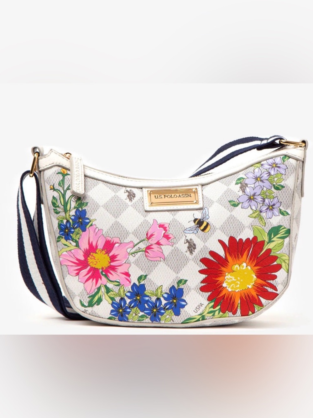 U.S. Polo Assn. FLORAL DIAMOND CROSSBODY BAG, Cream/Gray NWT